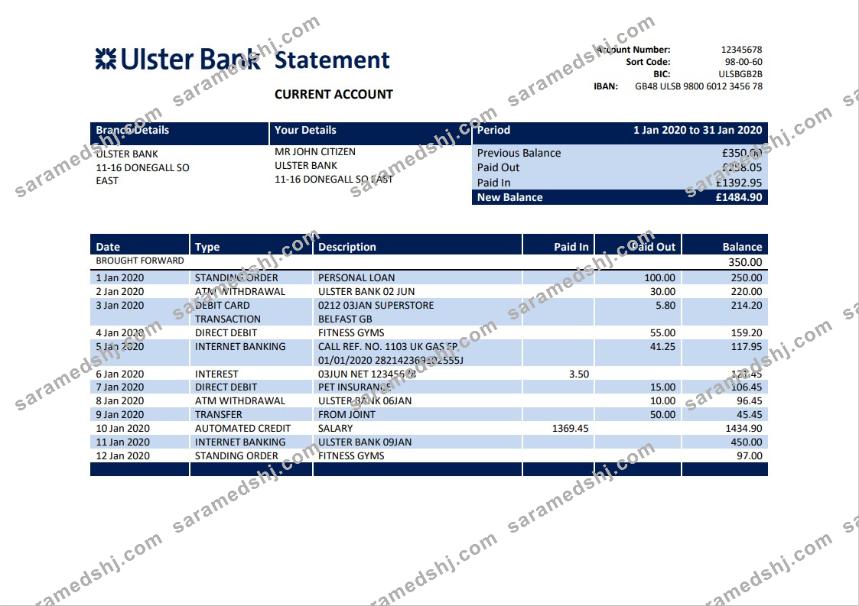Republic of Ireland Ulster Bank statement template in Word and PDF format, good for address prove